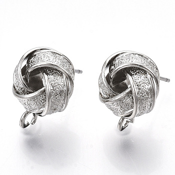 Iron Stud Earring Findings, with Loop, Raw(Unplated) Pin, Love Knot Earrings, Textured, Cadmium Free & Nickel Free & Lead Free, Platinum, 15.5~16.5x12.5mm, Hole: 2mm, Pin: 0.8mm