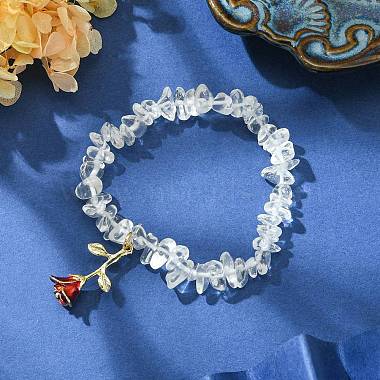 Bracelets extensibles en perles de cristal de quartz naturel avec breloques roses en alliage d'émail(BJEW-JB09561-01)-3