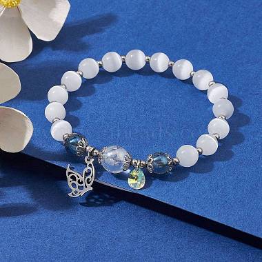 bracelet extensible en perles d'oeil de chat avec 201 breloques papillon en acier inoxydable(BJEW-JB10116)-2