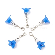 Frosted Flower Transparent Acrylic Pendant Decoration, with Natural & Dyed Malaysia Jade Beads and Random Mixed Letters Acrylic Beads, Zinc Alloy Lobster Claw Clasps and Iron Findings, Dodger Blue, 41mm(HJEW-JM00628-03)