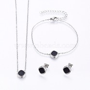 304 Stainless Steel Jewelry Sets, Pendant Necklaces & Stud Earrings & Bracelets, with Enamel, Square, Stainless Steel Color, 16.93 inch(43cm), 7-1/8 inch(18cm), 11x11x2.5mm, Pin: 0.8mm(SJEW-H129-27P)