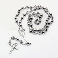 Men's Rosary Bead Necklace with Crucifix Cross, 304 Stainless Steel Necklace for Easter, Stainless Steel Color, 21.7 inch(55cm)(NJEW-I011-8mm-06)