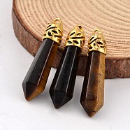 Bullet Natural Tiger Eye Pendants, with Golden Tone Alloy Findings, 34~36x8~9mm, Hole: 3x2mm(G-E332-B07)