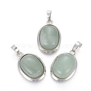 Natural Green Aventurine Pendants, with Brass Findings, Oval, Platinum, 25~26x17~17.5x8~9mm, Hole: 8x5mm(G-L512-D14)