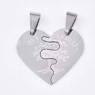 201 Stainless Steel Split Pendants, Heart with Tree & Word My Family, Stainless Steel Color, 25x29.5x1mm, Hole: 8x4mm(STAS-T048-11)