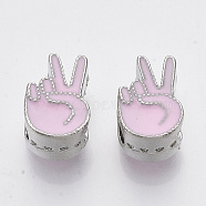Alloy Enamel ASL European Beads, Large Hole Beads, Palm, Yeah Victory Sign Gesture, Platinum, Pearl Pink, 12x8x7mm, Hole: 5mm(ENAM-N052-15A)