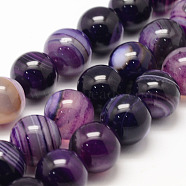 Natural Striped Agate/Banded Agate Bead Strands, Round, Grade A, Dyed & Heated, Purple, 14mm, Hole: 1mm, about 27~28pcs/strand, 14.5 inch(G-K155-A-14mm-11)