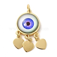 Real 18K Gold Plated Brass Pendants, with Acrylic and Jump Ring, Flat Round with Evil Eye Charms, Royal Blue, 28x14x5mm, Hole: 3.4mm(KK-A198-01G-05)
