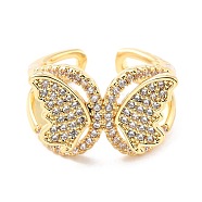 Brass Micro Pave Cubic Zirconia Cuff Ring, Long-Lasting Plated, Butterfly, Real 18K Gold Plated, US Size 7(17.3mm)(RJEW-F116-31G)