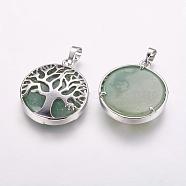 Natural Green Aventurine Pendants, with Brass Findings, Platinum, Flat Round with Tree, 31x27x6.5~7mm, Hole: 5x8mm(G-E388-01P)