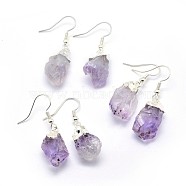 Natural Amethyst Dangle Earring, with Brass Findings, Nuggets, Silver Color Plated, 34~38mm, Pin: 0.7mm(EJEW-F173-D01-S)
