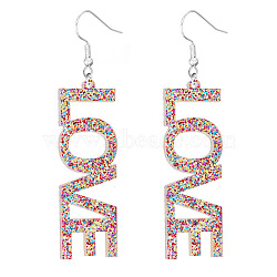 Bling Acrylic Word Love Dangle Earrings, Platinum Plated Iron Feminism Jewelry for Women, Colorful, 70mm(GIPO-PW0001-017J)