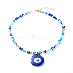 Beaded Necklaces, with Evil Eye Lampwork Beads & Glass Beads, Brass Chain & Beads, 304 Stainless Steel Findings, Blue, 16.14 inch(41cm)(NJEW-JN03537-03)