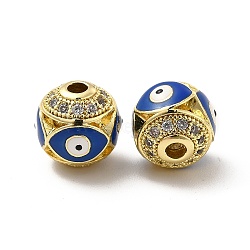 Brass Micro Pave Cubic Zirconia Beads, Round with Enamel Evil Eye, Real 18K Gold Plated, Royal Blue, 10x9.5mm, Hole: 1.6mm(KK-E068-VB153-1)