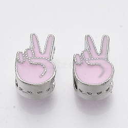 Alloy Enamel ASL European Beads, Large Hole Beads, Palm, Yeah Victory Sign Gesture, Platinum, Pearl Pink, 12x8x7mm, Hole: 5mm(ENAM-N052-15A)