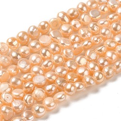 Natural Cultured Freshwater Pearl Beads Strands, Two Sides Polished Round, Grade 3A+, Sandy Brown, 5~6x3.5~5mm, Hole: 0.6mm, about 61pcs/strand, 13.78~14.17 inch(35~36cm)(PEAR-E017-41)