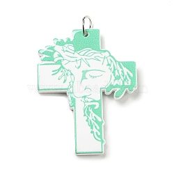 Embossed Printed Acrylic Pendants, with Iron Jump Ring, Cross with Man Pattern, Aquamarine, 40.5x30.5x2.5mm, Hole: 5mm(OACR-G019-02D)