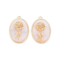 Brass Birth Floral Pendants, Oval with Flower Mother of Pearl White Shell Charms, Nickel Free, Real 18K Gold Plated, November Chrysanthemum, 27x18x4mm, Hole: 1.8mm(KK-S364-291)