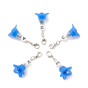Frosted Flower Transparent Acrylic Pendant Decoration, with Natural & Dyed Malaysia Jade Beads and Random Mixed Letters Acrylic Beads, Zinc Alloy Lobster Claw Clasps and Iron Findings, Dodger Blue, 41mm