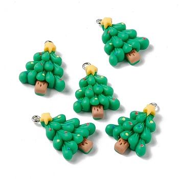 Christmas Theme Opaque Resin Pendants, with Platinum Tone Iron Findings, Christmas Tree, Green, 27.5x19.5x6.5mm, Hole: 2mm