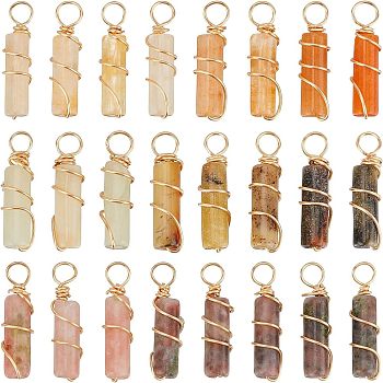 24Pcs 3 Style Natural Jade Pendants, Natural Plum Blossom Jade & Jade, with Real 18K Gold Plated Eco-Friendly Copper Wire Wrapped, Column, Real 18K Gold Plated, 18.5~21x5mm, Hole: 3~3.7mm, 8pcs/style