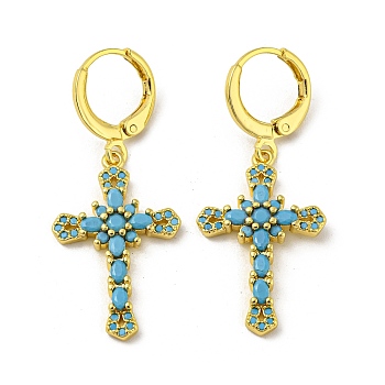 Real 18K Gold Plated Brass Dangle Leverback Earrings, with Glass, Cross, Light Sky Blue, 38x16mm