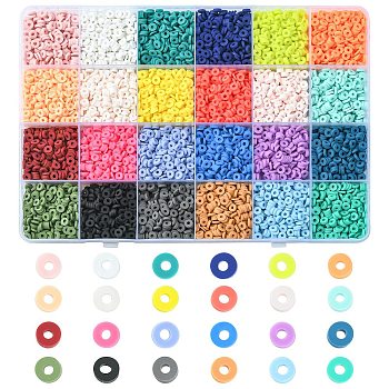 Handmade Polymer Clay Beads, for DIY Jewelry Crafts Supplies, Disc/Flat Round, Mixed Color, 4x1mm, Hole: 1mm, 24colors, about 380~400pcs/color, 9120~9600pcs/box
