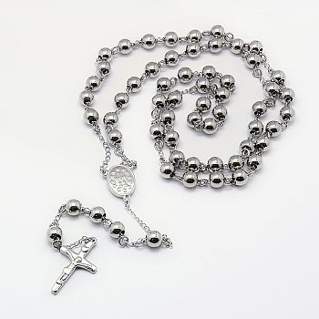 Men's Rosary Bead Necklace with Crucifix Cross, 304 Stainless Steel Necklace for Easter, Stainless Steel Color, 21.7 inch(55cm)