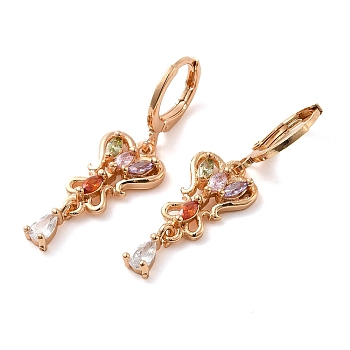 Rack Plating Golden Brass Dangle Leverback Earrings, with Cubic Zirconia, Butterfly, Colorful, 36x11mm