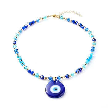 Beaded Necklaces, with Evil Eye Lampwork Beads & Glass Beads, Brass Chain & Beads, 304 Stainless Steel Findings, Blue, 16.14 inch(41cm)