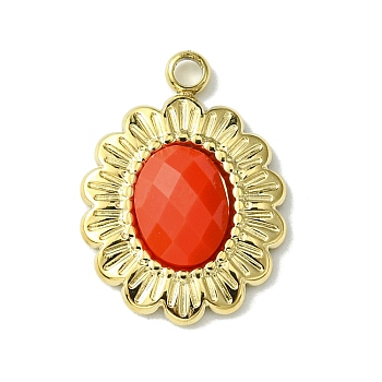 Ion Plating(IP) Real 14K Gold Plated 304 Stainless Steel with Glass Pendant, Oval Flower Charms, Orange Red, 18x13x3.5mm, Hole: 1.6mm