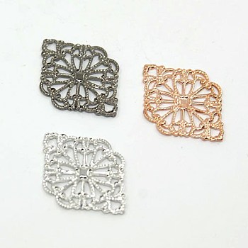 Rhombus Shaped Brass Filigree Findings, Mixed Color, 21x15x0.5mm, Hole: 1mm