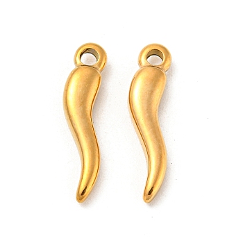 304 Stainless Steel Pendants, Horn of Plenty/Italian Horn Cornicello Charms, Real 14K Gold Plated, 15.5x3.5x2.5mm, Hole: 1.2mm