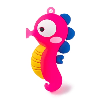 PVC Plastic Pendants, Sea Horse, Deep Pink, 60x35x26mm, Hole: 3mm