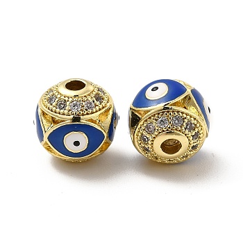 Brass Micro Pave Cubic Zirconia Beads, Round with Enamel Evil Eye, Real 18K Gold Plated, Royal Blue, 10x9.5mm, Hole: 1.6mm