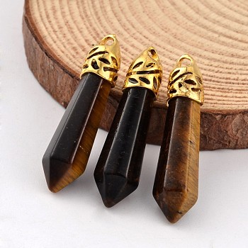 Bullet Natural Tiger Eye Pendants, with Golden Tone Alloy Findings, 34~36x8~9mm, Hole: 3x2mm