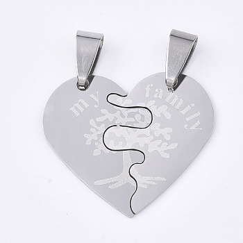 201 Stainless Steel Split Pendants, Heart with Tree & Word My Family, Stainless Steel Color, 25x29.5x1mm, Hole: 8x4mm