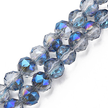 Electroplate Transparent Glass Beads Strands, Half Plated, Faceted, Round, Royal Blue, 10x8.5mm, Hole: 1.2mm, about 60pcs/strand, 20.47 inch(52cm)