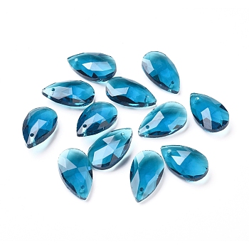 Faceted Glass Pendants, Teardrop, Marine Blue, 22x13x8.5mm, Hole: 1mm