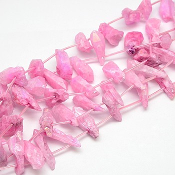 Electroplate Gemstone Natural Quartz Crystal Beads Strands, Nuggets, Hot Pink, 18~35x6~14x6~12mm, Hole: 1mm, about 22pcs/strand, 15.74 inch