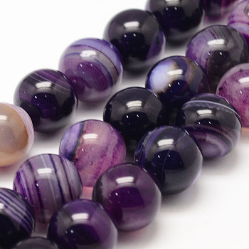 Natural Striped Agate/Banded Agate Bead Strands, Round, Grade A, Dyed & Heated, Purple, 14mm, Hole: 1mm, about 27~28pcs/strand, 14.5 inch