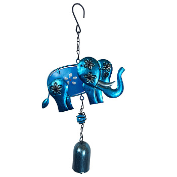 Glass Elephant & Bell Wind Chime, Hanging Decors for Garden Window Party, Deep Sky Blue, 295x165mm