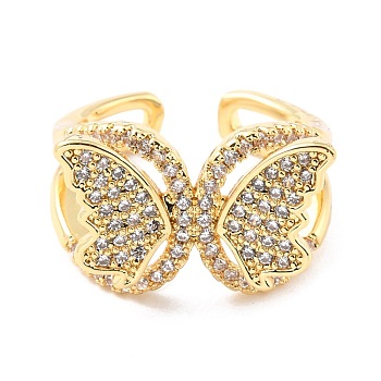 Brass Micro Pave Cubic Zirconia Cuff Ring, Long-Lasting Plated, Butterfly, Real 18K Gold Plated, US Size 7(17.3mm)