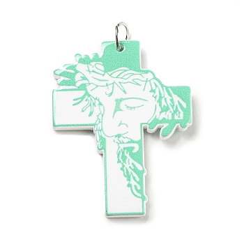 Embossed Printed Acrylic Pendants, with Iron Jump Ring, Cross with Man Pattern, Aquamarine, 40.5x30.5x2.5mm, Hole: 5mm