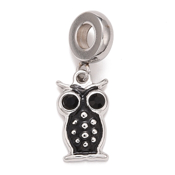 304 Stainless Steel European Dangle Charms, Large Hole Pendants, with Jet Rhinestone, Owl, Stainless Steel Color, 26mm, Hole: 4mm, Owl: 15.5x9x3mm
