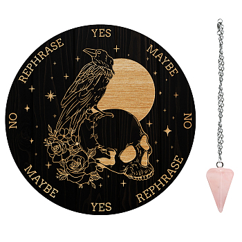 AHADEMAKER 1Pc Custom PVC Plastic Pendulum Board, 1Pc 304 Stainless Steel Cable Chain Necklaces, 1Pc Natural Rose Quartz Stone Pendants, for Witchcraft Wiccan Altar Supplies, Skull Pattern, Board: 200x4mm