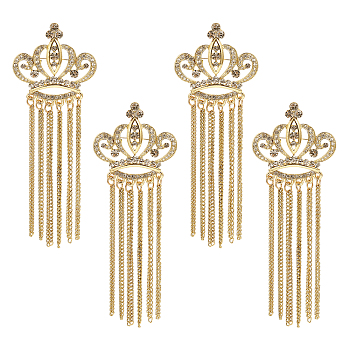4Pcs Crystal Rhinestone Crown with Chain Tassel Lapel Pin, Alloy Badge for Backpack Clothes, Golden, 107x39.5x5mm