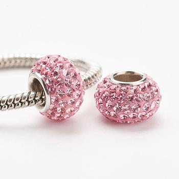 Austrian Crystal European Beads, Large Hole Beads, 925 Sterling Silver Core, Rondelle, 223_Light Rose, 11~12x7.5mm, Hole: 4.5mm