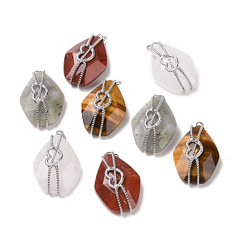 Natural Mixed Gemstone Pendants, Faceted Rhombus Charm, with 304 Stainless Steel Heart Findings, Mixed Dyed and Undyed, Stainless Steel Color, 34.5~35.5x22.5x9.5~10mm, Hole: 2.5mm