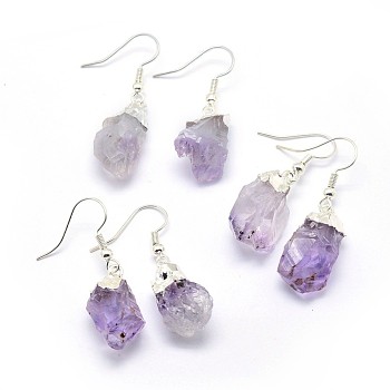 Natural Amethyst Dangle Earring, with Brass Findings, Nuggets, Silver Color Plated, 34~38mm, Pin: 0.7mm